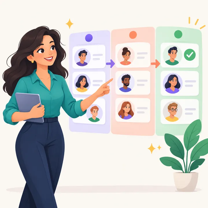 Ilustração de uma recrutadora apontando candidatos em colunas de triagem.