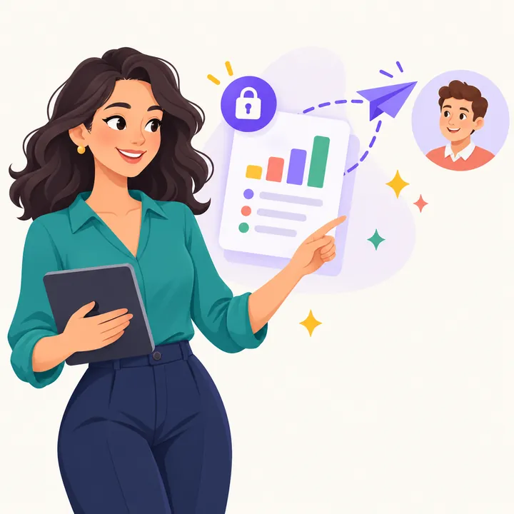 Ilustração de uma recrutadora enviando um link seguro ao cliente.