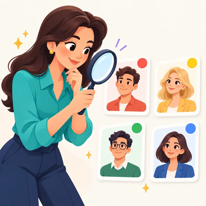 Ilustração de uma recrutadora olhando candidatos com uma lupa.