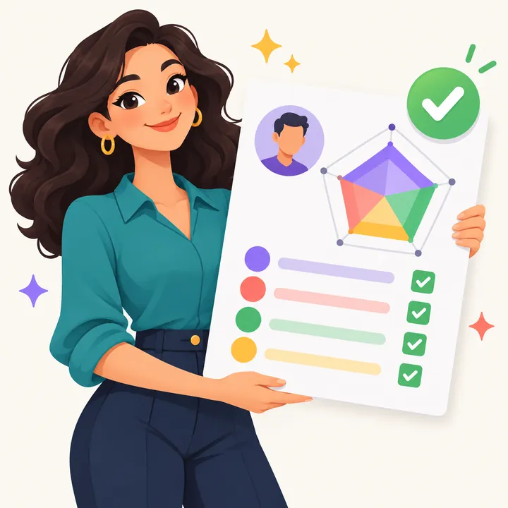 Ilustração de uma recrutadora com o relatório DISC de um candidato.