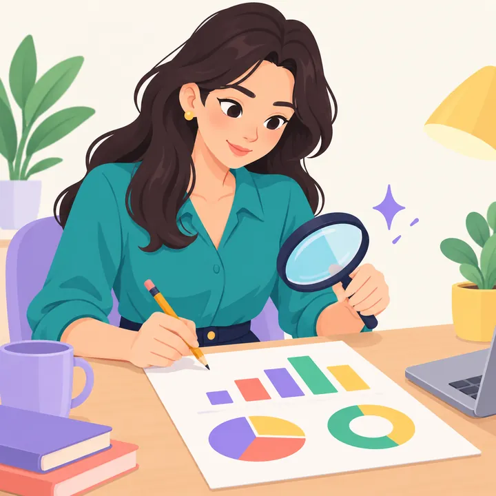 Ilustração de uma recrutadora revisando gráficos de um relatório com uma lupa.