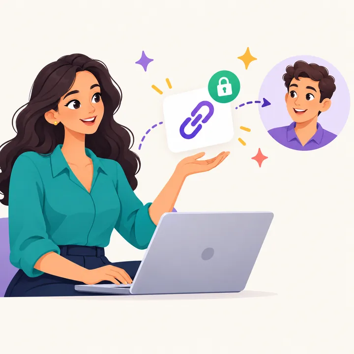 Ilustração de uma recrutadora compartilhando um link seguro com o cliente.