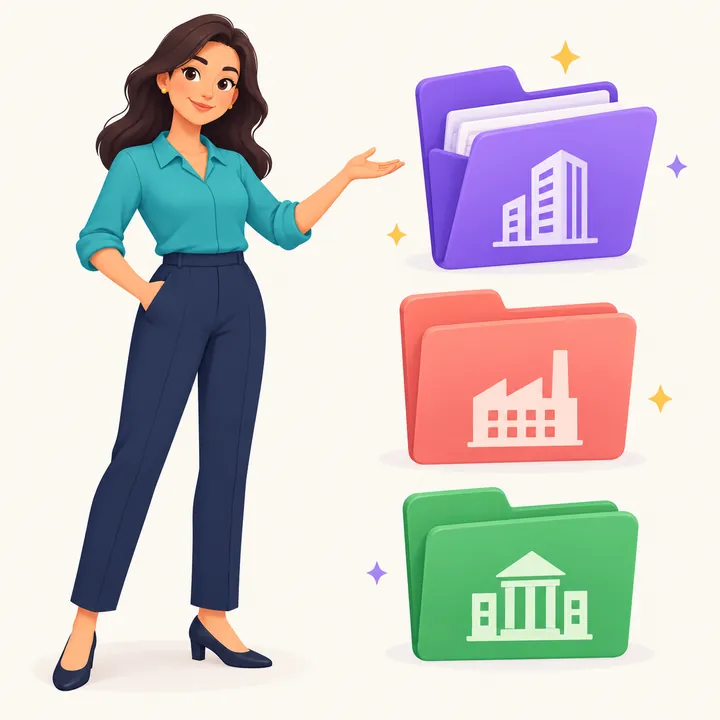 Ilustração de uma recrutadora ao lado de três pastas, uma para cada cliente.