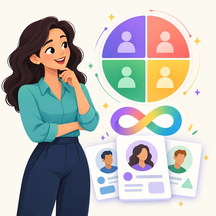 Ilustração do DISC em quatro cores, com o símbolo do infinito e cartões de candidatos.