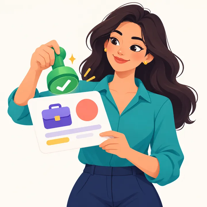 Ilustração de uma recrutadora aprovando uma vaga com um carimbo.