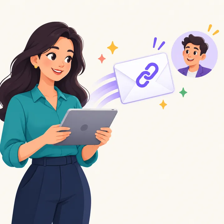 Ilustração de uma psicóloga enviando um convite por link a um candidato.