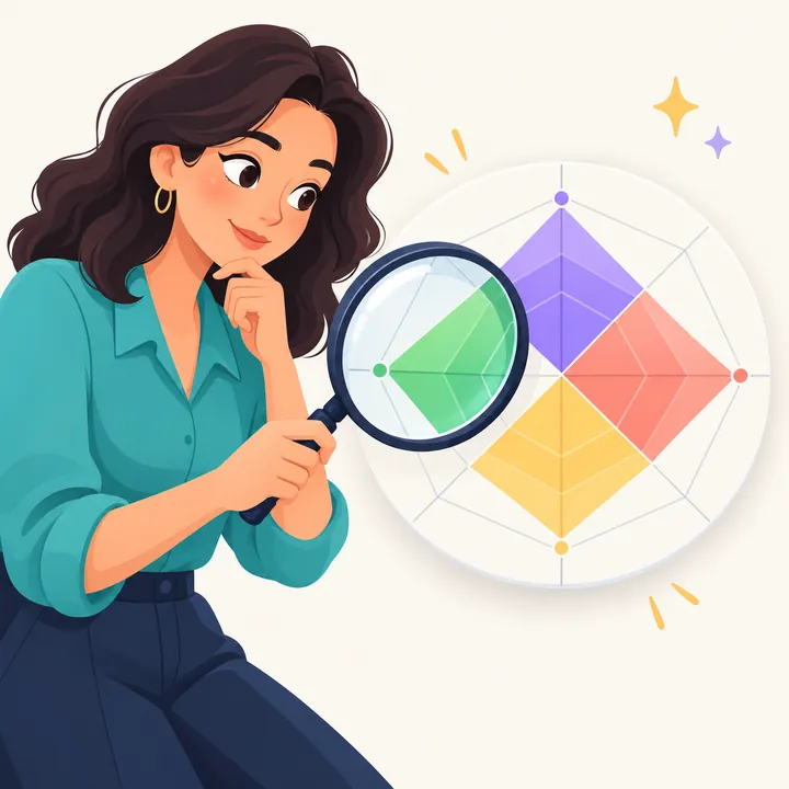Ilustração de uma psicóloga analisando o gráfico do DISC com uma lupa.