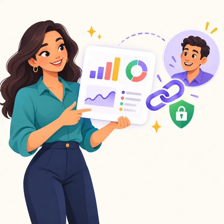 Ilustração de uma psicóloga compartilhando um relatório por link seguro.