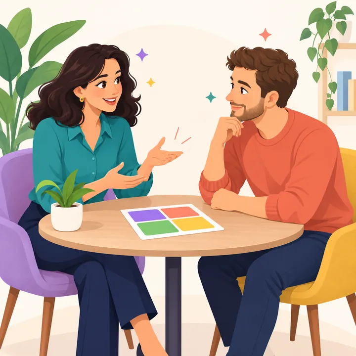 Ilustração de uma psicóloga conversando com um candidato à mesa.